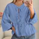 PRETTYGARDEN Women's Spring Fall Babydoll Peplum Blouse Shirt Puff Long Sleeve Bow Tie Front Trendy Cute Y2K Going Out Tops (S)