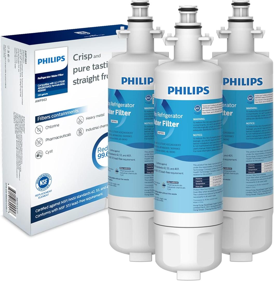Philips AWP963 NSF/ANSI Certified Refrigerator Water Filter Replacement for LG: LT700P, LFXS30766S, ADQ36006101, ADQ36006101-S, ADQ36006101S, ADQ36006102, Sears/Kenmore:9690, 46-9690, Pack of 3