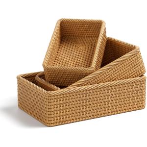 Rattan Storage Basket, 3 Pack Hand Woven Rectangular Fruit Baskets for Serving, Picnic Basket, Wicker Storage for the Living Room Kitchen (Honey Brown)
