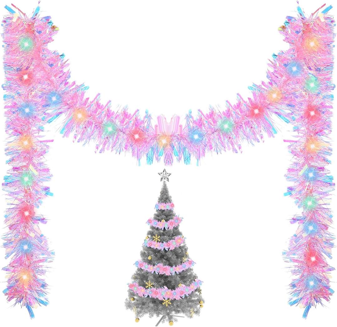 Kingdder 16.4 ft Christmas Tinsel Garland Lighted Metallic Twist Tree Decoration Prelit Battery Operated 50 LED Hanging Garland for Xmas New Year Home Outdoor Decor(Multicolor, Pink)