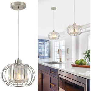 XSDeTu Brushed Nickel Pendant Light Fixtures, Modern Crystal Hanging Ceiling Light, Farmhouse Small Chandeliers, Metal Cage Pendant Lighting, Adjustable Pendant Lights Kitchen Island, Hallway