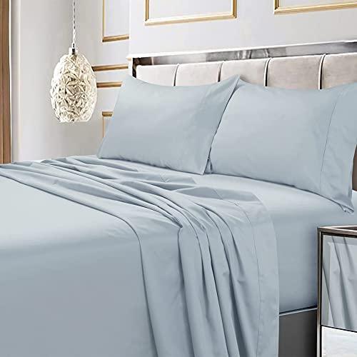 Tribeca Living Bed Sheet Set, Soft Egyptian Cotton Sateen Solid Sheets and Pillowcase Set, Extra Deep Pocket, 600 Thread Count, 4-Piece Luxury Bedding, California King, Sky Blue