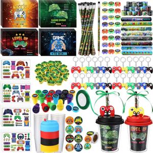 110 Pcs Video Game Party Favors Set Includes Drink Cup with Lid Game Card Pencil Sharpener Eraser Stickers Slap Bracelet Keychain Stamp Sticker Ribbon for Gamer Birthday Party