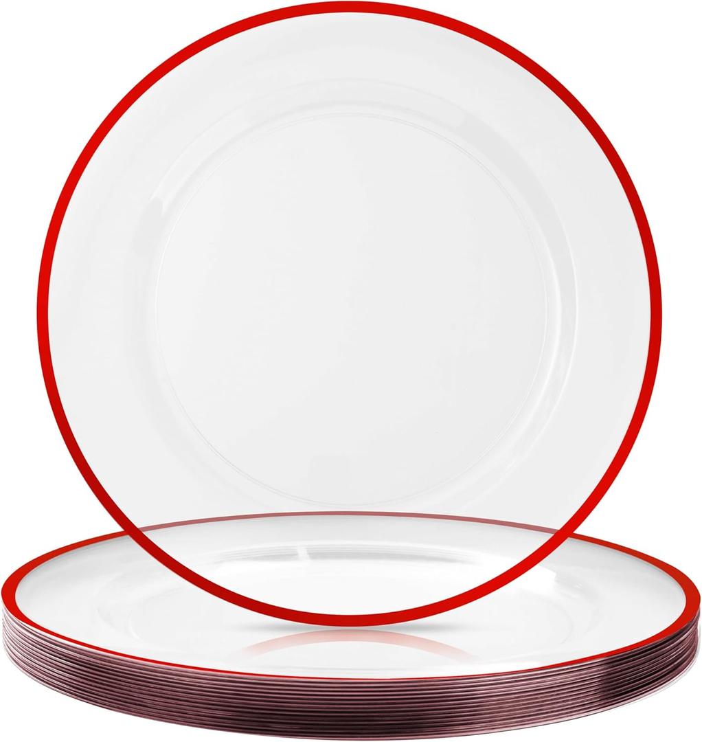 12 Inch Disposable Decor Charger Plates, 15 Pack Plastic Clear Plates with Gold Rim, Perfect Table Decor for Party, Wedding, Dinner