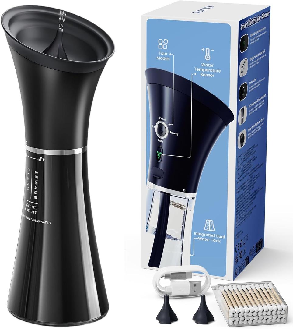 Upgraded Ear Wax Removal with One-Piece Waste Tank, Safe Cleaner with Water Temperature Sensor, Effective Ear Irrigation Kit & USB-A to C Cable, IPX7, Black