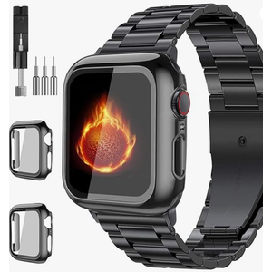 Bekomo 3Pack Stainless Steel Apple Watch Bands with 2 Pack Tempered Glass Screen Protectors for Series 9, 8, 7, 6, 5, 4, 3, 2, 1, SE for Men