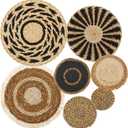 7 Pcs Boho Wall Basket Decor, Rattan Wicker Boho Wall Decor, Hanging Woven Basket Wall Decor, Round Handmade Wall Art for Living Room Bedroom Display Table Settings Home Christmas Decoration (Black)