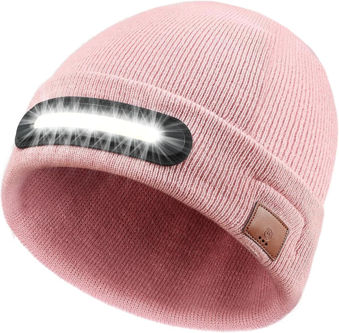RANCOVY LED Beanie with Light, Unisex USB Rechargeable Headlamp Beanie Flashlight Beanie Hat for Men Women (Pink)