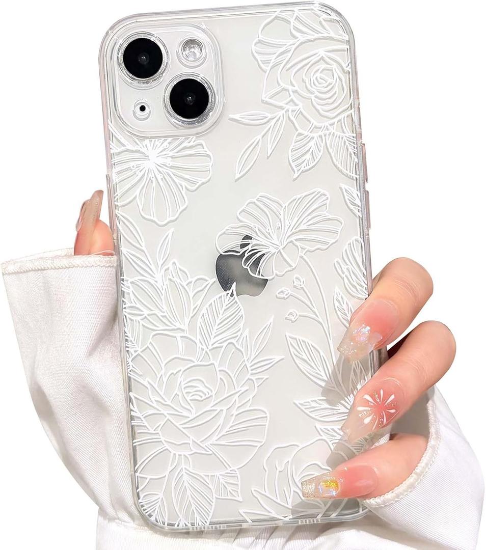 NITITOP Compatible with iPhone 14 Case Cute Clear Floral Flower Pattern for Girls Women Soft TPU Full Camera Lens Shockproof Protective Phone Cover - White