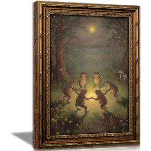 Vintage Gold Framed Frog Wall Art,Frogs Dancing in Moonlight Forest Painting Canvas Prints,Whimsical Animal Wall Decor,Retro Country Toad Poster Artwork,for Corridor Living room Bedroom Kitchen, 24"L x 16"W