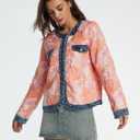 D-Sun Women's Floral Denim Jacket Long Sleeve Cropped Jacquard Jean Jacket Crewneck Button Down Casual Denim Fall Coats