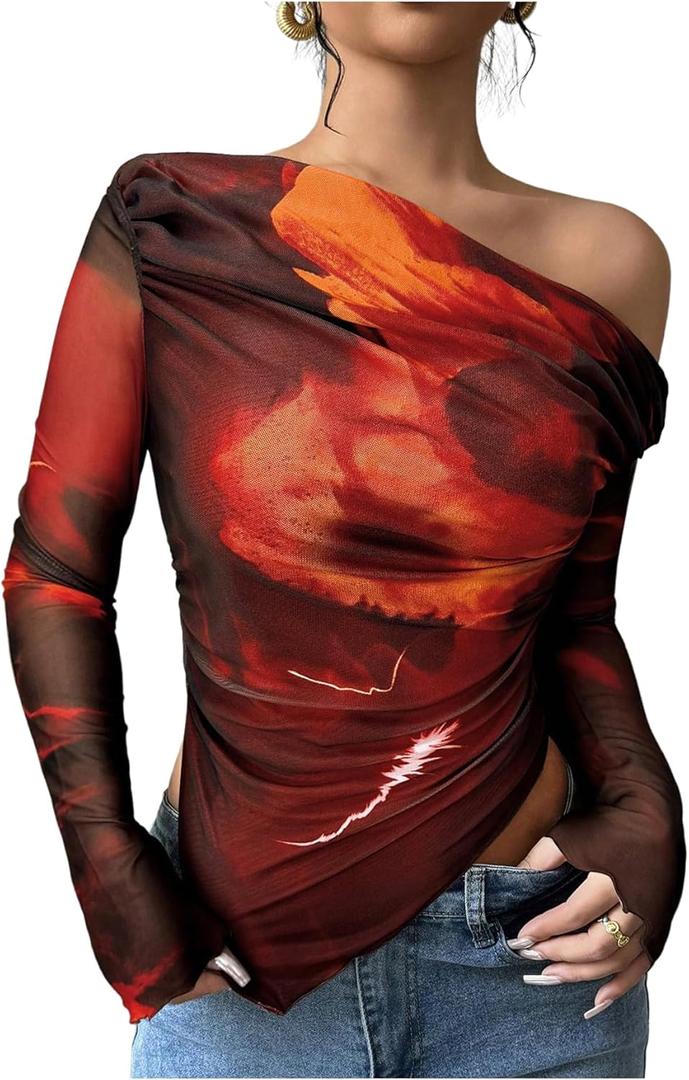 Women's Off Shoulder Tie Dye Mesh T Shirt Long Sleeve Asymmetrical Hem Ruched Fitted Tee Tops (XXXL)