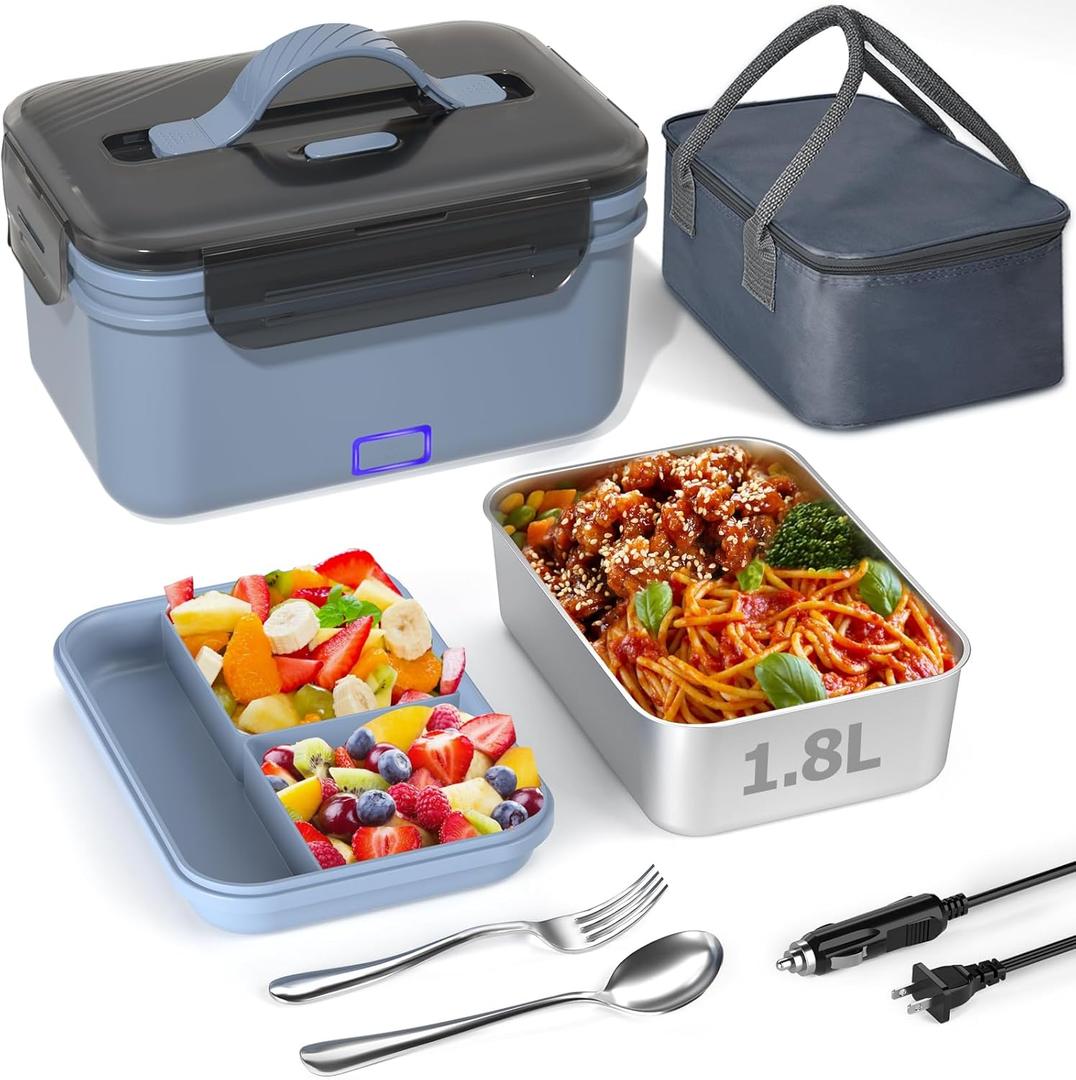 Electric Lunch Box Food Heater, New 100W Portable Food Warmer, Heated Lunch Box for Adults Car/Home with 1.8L Removable Stainless Steel Container, Christmas White Elephant Gifts, 12V/24V/110V/220V