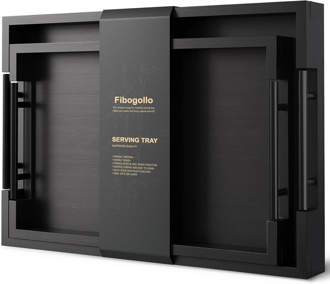 Bamboo Set of 2 Serving Tray with Metal Handles,Ottoman Decorative Trays Platter for Coffee Table,Living Room,Bar,Party(Black)