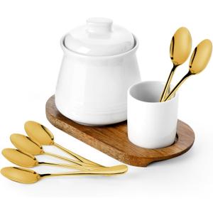 Nucookery Porcelain Sugar Bowl with Lid and Spoons, 14 oz. Large Sugar Container for Coffee Bar, Deluxe Sugar Bowl Set with Stainless Steel Spoons (White, Golden Spoon)