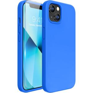 Miracase Designed for iPhone 13 Case, with Tempered Glass Screen Protector, [Soft Anti-Scratch Microfiber Lining], Shockproof Liquid Silicone Rubber Phone Case for 13 6.1 inch, Mediterranean Blue
