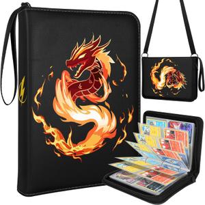 Lotadilo for Card Binder with 440 Pockets 4 Pocket - Trading Card Collection Album Folder for Men Kids Boys Teens Girls for Sports Cards Game Cards with Zipper Hand Carrying, Dragon Fox