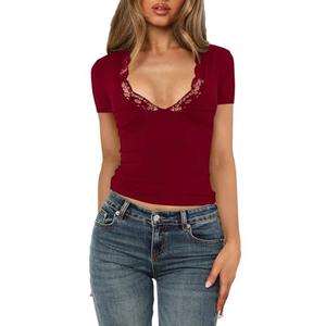 Women's Short Sleeve Sexy Lace Trim V-Neck Daily Basic Burgundy Tees Trendy Y2K Clothing Spring Summer Going Out Casual Vacation Slim Fit Cute Crop Tops (8638, XS, Burgundy)