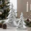 RM ROOMERS Christmas Tree Figurines Decor Wooden, Set of 2 Silver Christmas Trees Tabletop, Sparkling Glittered Xmas Tree Statues - Decorative Centerpieces for Desk, Mantel, Entryway, Home Decor