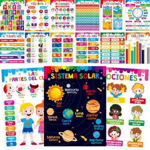 15 Packs Spanish & English Educational Posters, Thick Elementary Bilingual Poster Waterproof & Tearproof with PET Film, Early Language Learning Tool Educational Posters for Kindergarten Preschool