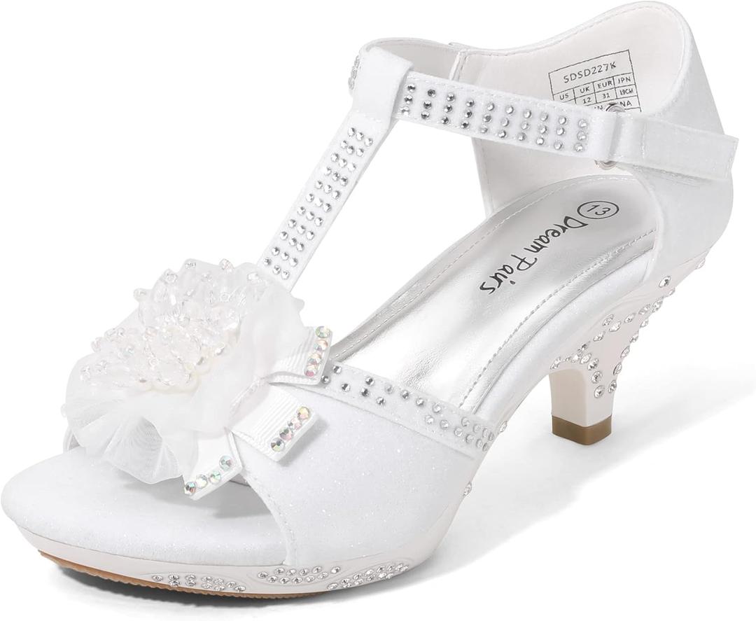DREAM PAIRS Girls Low Heel Dress Pump Sandal Ankle T Strap Flower White - 1 Little Kid