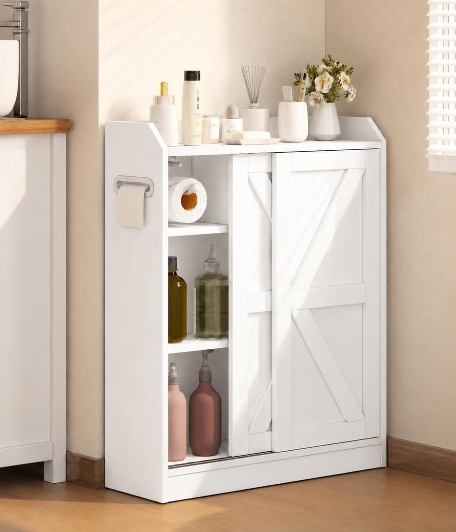 Slim Bathroom Storage Cabinet, Small Cabinet with Sliding Doors, White, 7.9 x 23.6 x29.5 Inches