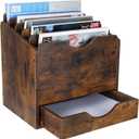 PAG Wood Desktop File Holder Organizer Mail Sorter with Drawer, for File Folders, Mails, Envelopes, Mailing Supplies or Magazines, 6 Compartments, Antique Brown