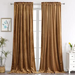 Benedeco Camel Velvet Curtains for Bedroom Window, Super Soft Luxury Drapes, Room Darkening Thermal Insulated Rod Pocket Curtain for Living Room, W52 by L90 inches, 2 Panels