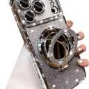 Changjia Magnetic Kickstand Glitter Case for iPhone 17 Pro Max,[Compatible with Magsafe] Cute Bling Sparkly Rhinestone with Camera Protector Makeup Mirror Women Girls Case for iPhone 17 Pro Max,Silver