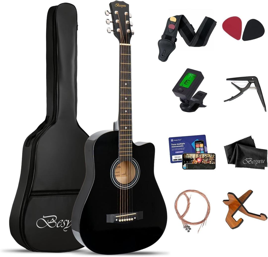 38 inch Black Acoustic Guitar Beginner Kits, 3/4 Cutaway Wood Acustica Guitarra for Beginners Adults with Online Lesson,Gig Bag,Picks,Steel Strings Strap with Picks Holder