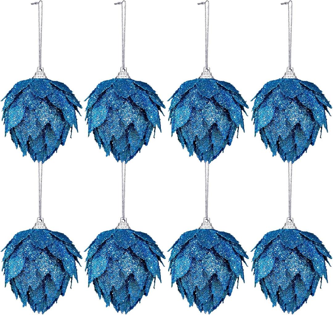 Jetec 8 Pieces Christmas Ornaments Glitter Christmas Tree Hanging Decoration Decorative Artificial Pine Cones Flowers Hanging Ornaments for Winter Wreath Holiday Decor(Blue)