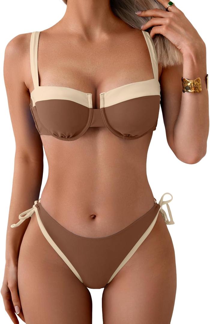 Eomenie Bikini Set for Women Underwire Push Up Two Piece Bathing Suit Color Block Swimsuit Swimwear (Small, Brown Beige)