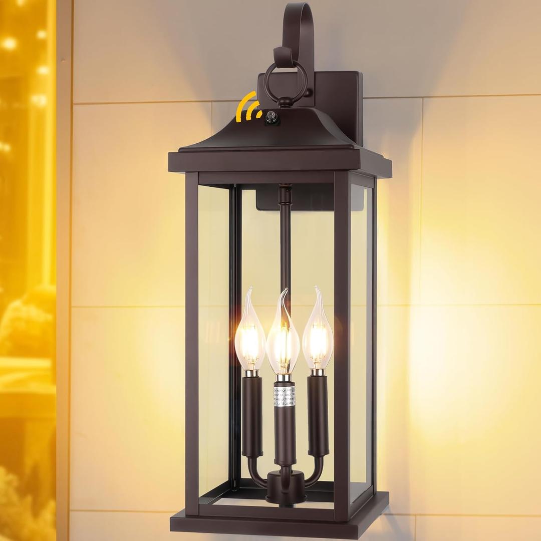 1-Pack 23 Dusk to Dawn Outdoor Light Fixture Oil Rubbed Bronze 3-Light, Extra Large Exterior Lighting Photocell Sensor Outside Wall Lantern for House Brown Porch Garage Light, E12
