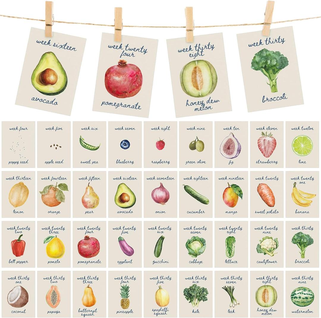 Eaasty 77 Pcs Locally Grown Baby Shower Decorations Pregnancy Milestone Cards Fruits and Vegetables Weekly Baby Size Milestone Cards Photo Props for Decor Pregnancy Announcement Photos