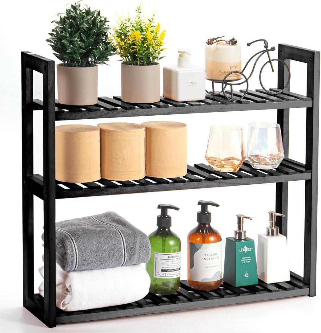 Wood Bathroom Shelf, 3-Tier Adjustable Shoes Rack&Plants Rack, Wall-Mounted or Stand for Living Room (Grey)