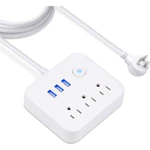 Power Bar Extension Cord- Flat Plug Power Strip and Outlets USB Charger Ports, Outlet Extender with Overload Protection, Wall Mount and Desktop Charging Station for Cruise Ship, Home, Office