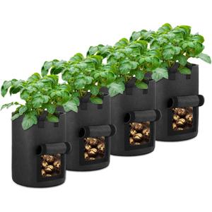 4-Pack 10 Gallon Potato Grow Bags with Flap Window, Heavy Duty Aeration Fabric Pots with Handles for Garden and Planting(Black)