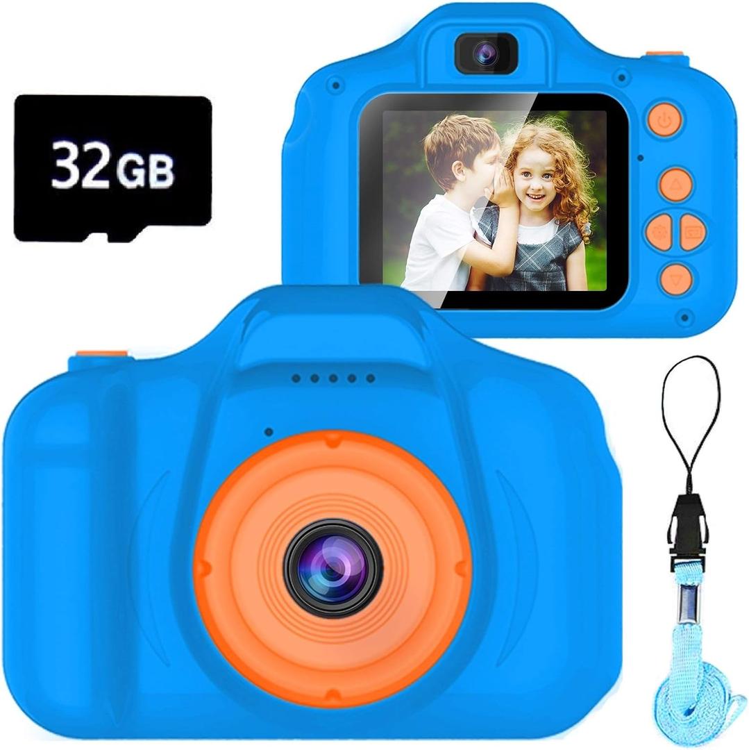 Upgrade Kids Selfie Camera, Christmas Birthday Gifts for Boys Age 3-9, HD Digital Video Cameras for Toddler, Portable Toy for 3 4 5 6 7 8 Year Old Boy with 32GB SD Card-Navy Blue (Orange)