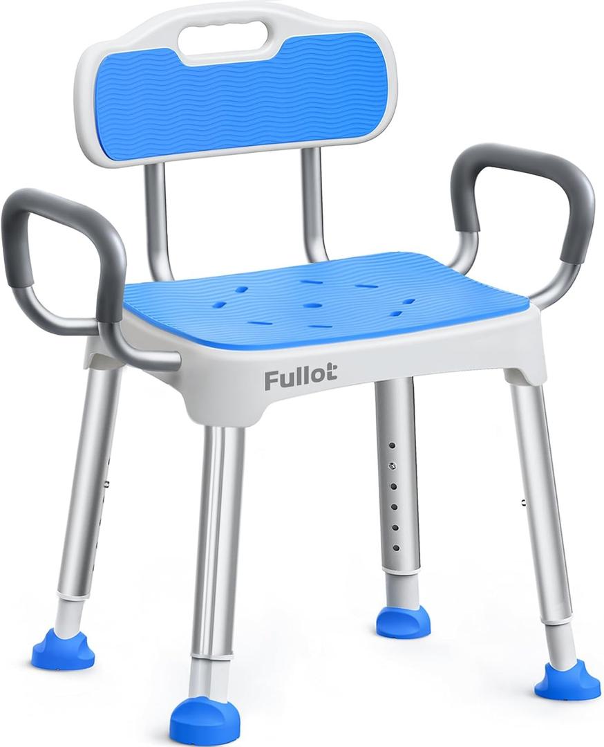 FULLOT 400 lbs Heavy Duty Shower Chair with Padded Back & Arms, Adjustable Height, Non-Slip Seat, Blue Aluminum