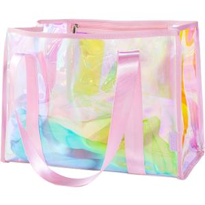 KUAK Iridescent Clear Beach Tote Bag for Women Girls Large Waterproof with Inner Zipper Pocket for Swim Pool Travel Vacation (Pink Straps)
