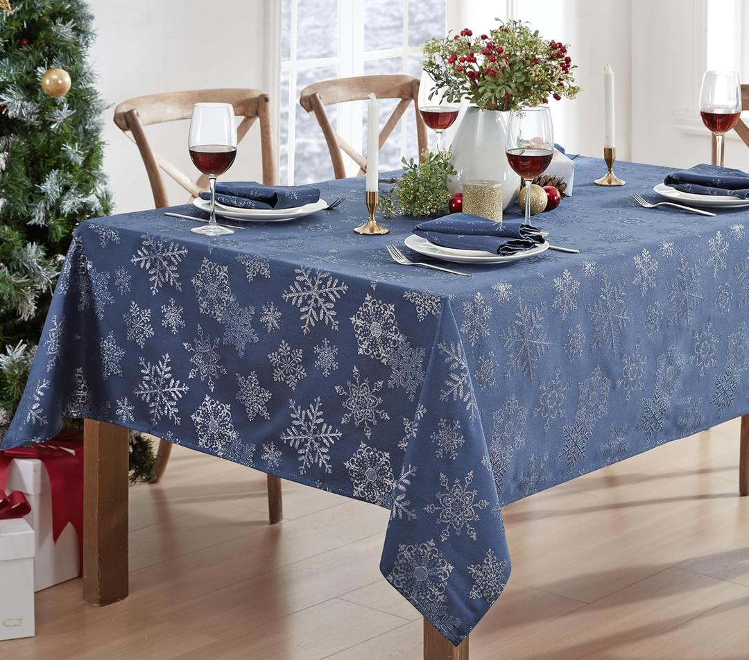 Newbridge Fancy Metallic Snowflake Christmas Fabric Tablecloth, 60 x 144 Inch Rectangle, Navy Silver, No-Iron Soil Resistant Sparkling Snowflakes Woven Holiday Table Cover