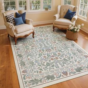 Floral Indoor Entrance 4x6 Area Rug, Washable Vintage Boho Entryway Rugs, Low Pile Non Slip Soft Carpet for Kitchen, Bedroom Beside, Laundry Room, Office Rug, Living Room, Nursery Room， Beige Green