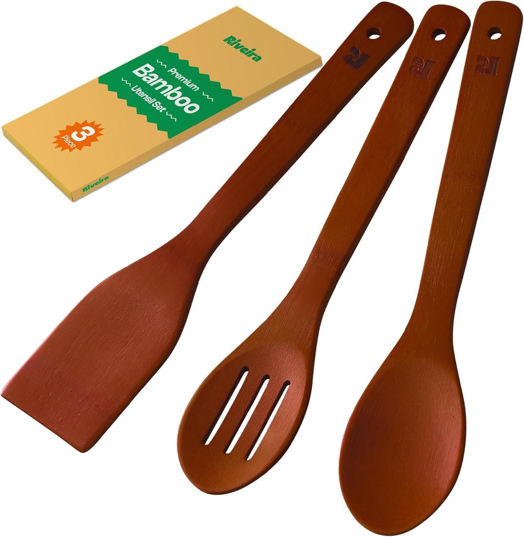 2 x Riveira Premium Brown Bamboo Wooden Spoons for Cooking Set of 3  Premium Brown Bamboo Wooden Cooking Utensils, Wooden Spatula, Wooden Spoon - Premium Quality Wooden Utensil Set for Non-Toxic Cooking