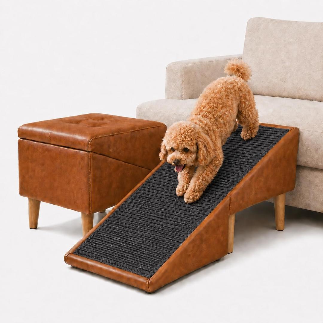 Dog Ramp for Dogs and Cats, 16" Wide All-in-one Split Ottoman Dog steeps for Bed,Solid Wood, Gentle 23 Incline, Foldable Pet Stairs for Large and Small Dogs (Brown)