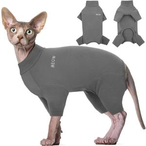 ROZKITCH Hairless Cat Clothes, Breathable Soft Jumpers for Sphynx Cats Only, Coat with Four Legs, Warm Sweater T-Shirt Pajamas Jumpsuit Vest Cornish Rex, Devon Rex, Peterbald Grey L (L(Back Length:12.59"))