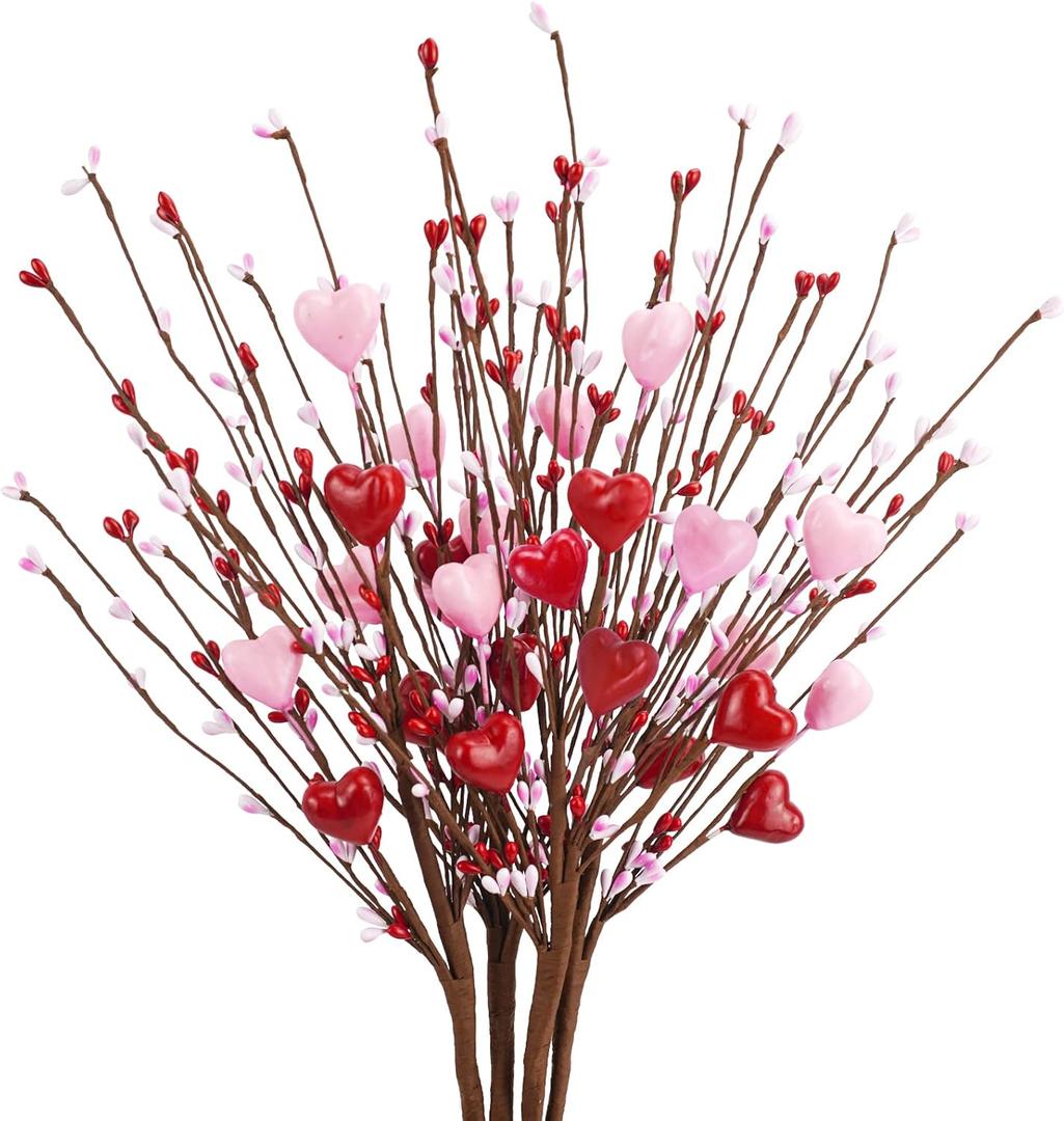 4 Pack Valentines Day Picks, 24.4" Heart Shaped Berry Picks Artificial Red Berry Flower Stems Artificial Berries Branches for Valentines Day Wedding Anniversary Decor