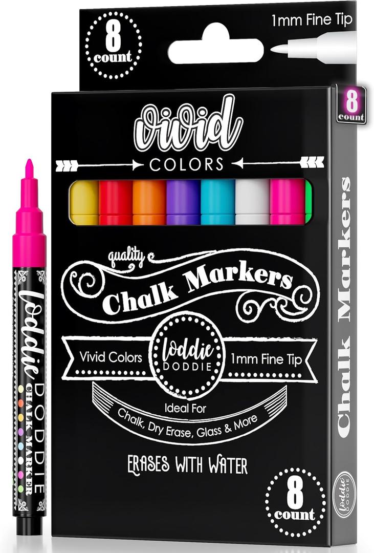 Loddie Doddie Fine Tip Liquid Chalk Markers - Pack of 8, 1mm Tip - Precision Pens for Chalkboard Calendar Art - Quick-Wipe Chalk Pens for Glass & Mirrors - Vibrant Neon Car Window Markers (Vivid Colors)
