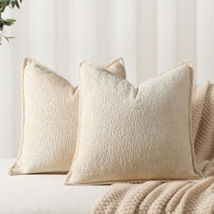 Pack of 2 Beige Euro Shams Pillow Covers 26x26 Cozy Soft Chenille Decorative Throw Pillow Covers Accent Vintage Square Couch Pillow Covers for Home Decor Bed Sofa Living Room