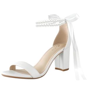 Ankis White Heels Wedding Shoes for Bride Women Chunky Heels Pearl Bow Heeled Sandals 2.75 Inch 7