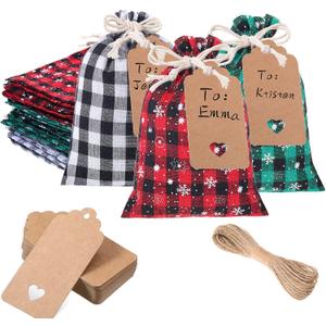 Shappy 24 Pcs Christmas Drawstring Gift Bags Xmas Buffalo Plaid Burlap Advent Bags 5.5 x 4 Inches Linen Treat Candy Bag with 32.8 ft Rope 24 Card(Mixed Colors)